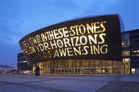 Photo of Welsh Millenium Centre set against the night sky