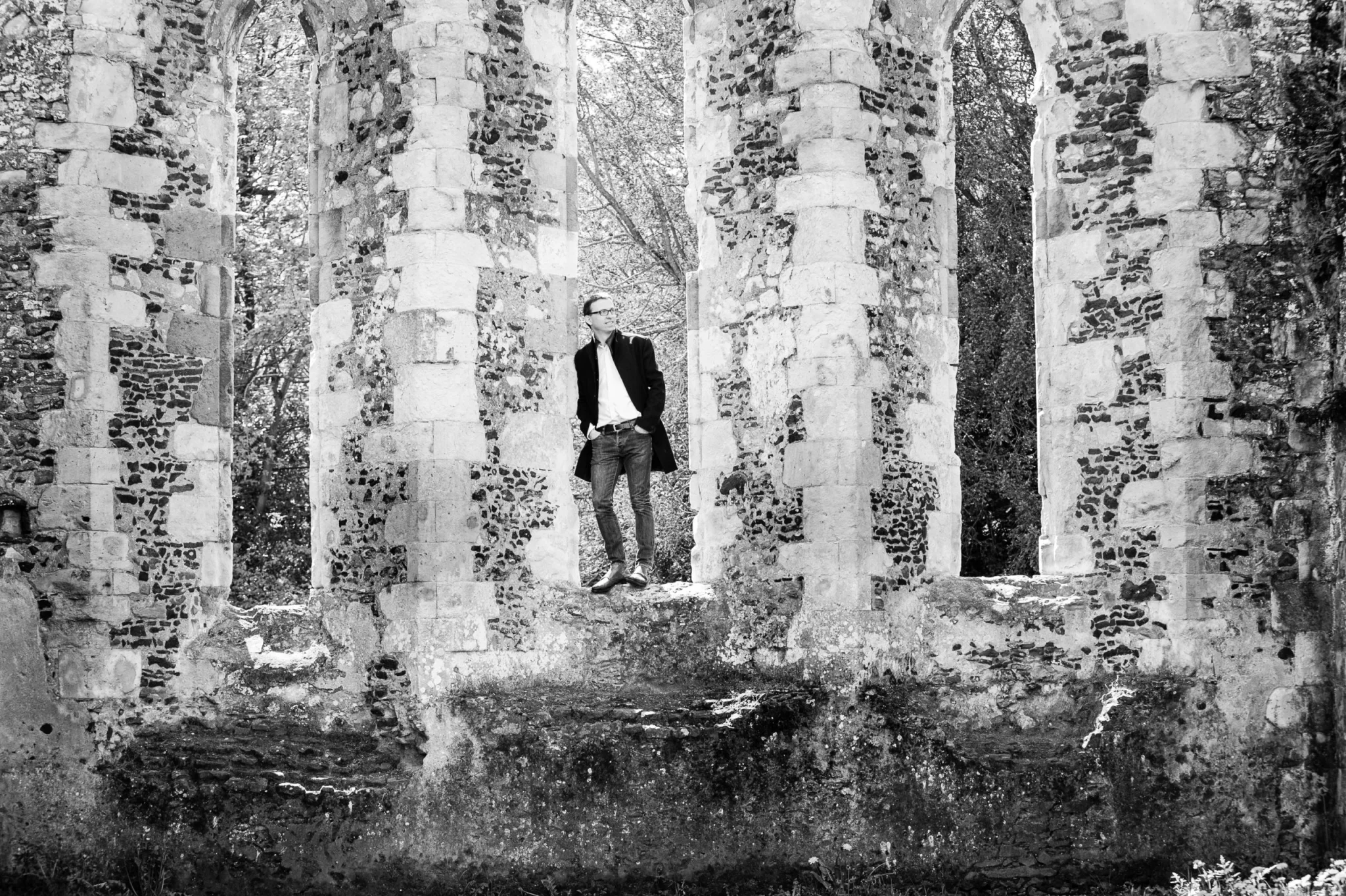 Will standing in middle window of Waverley Abbey ruin